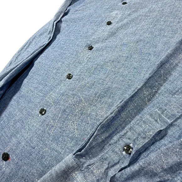Tallia Men M Chambray Button Down Shirt Blue Subtle Gold Metallic 15.5 34/35 Mod - Picture 3 of 14